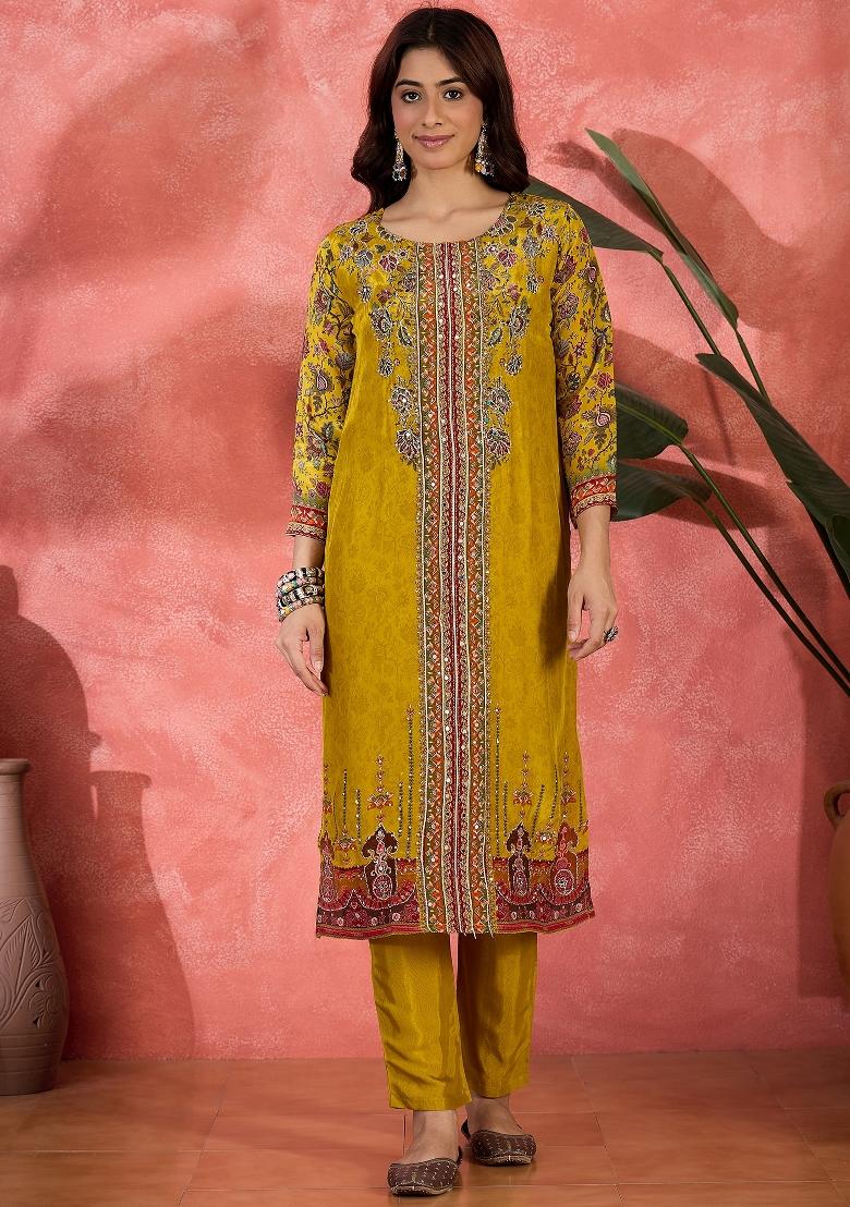 Mustard Embroidery Silk Kurta Set - Indya