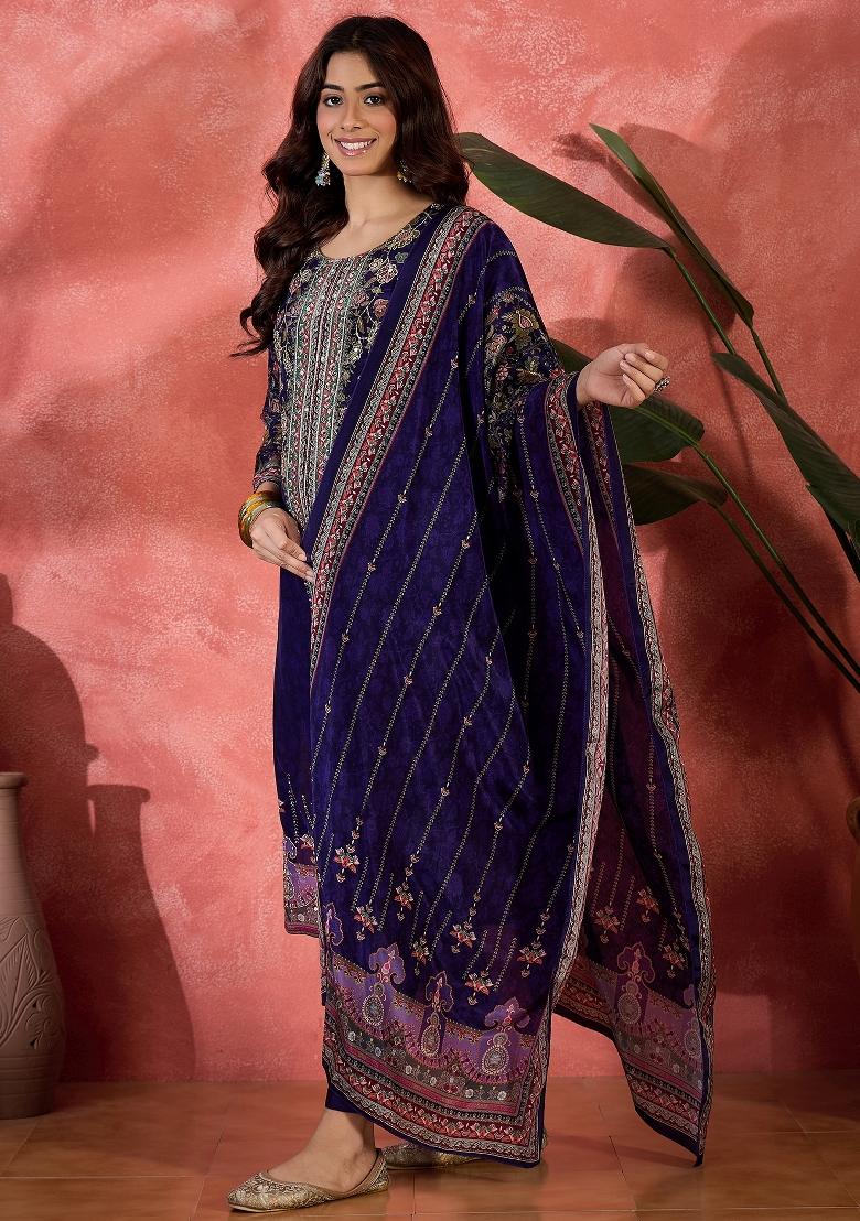 Navy Blue Embroidery Silk Kurta Set - Indya