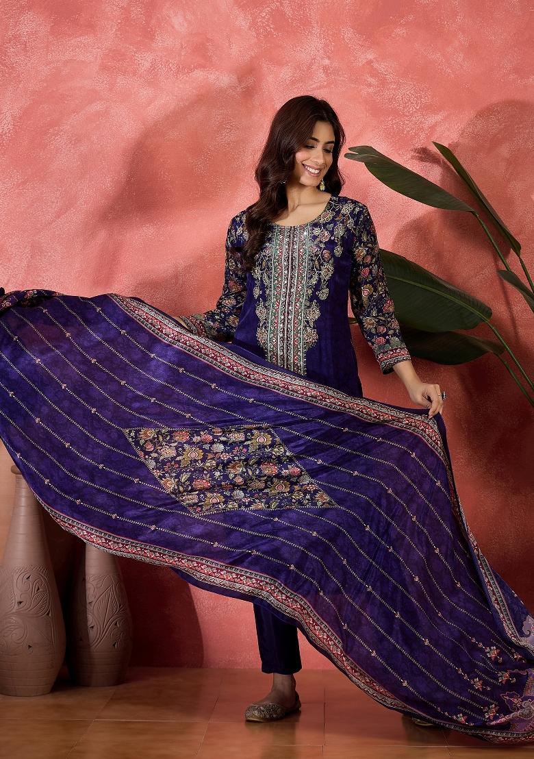 Navy Blue Embroidery Silk Kurta Set - Indya