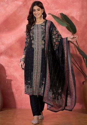 Black Embroidery Silk Kurta Set