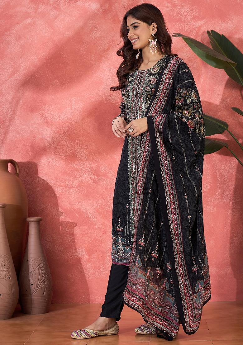 Black Embroidery Silk Kurta Set - Indya