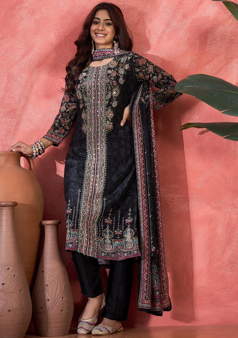 Black Embroidery Silk Kurta Set - Indya