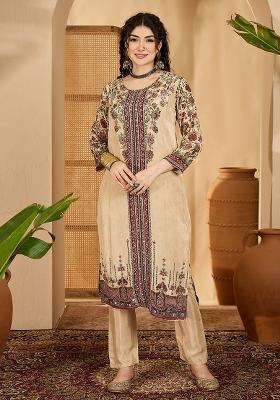 Beige Embroidery Silk Kurta Set