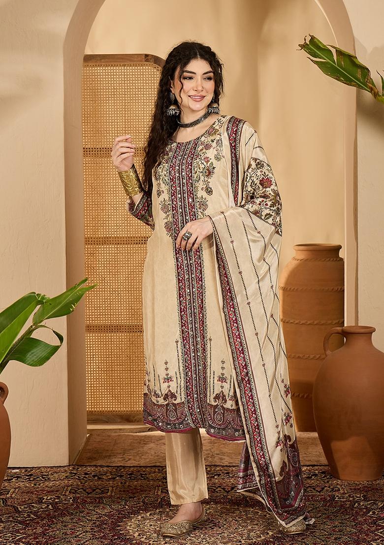 Beige Embroidery Silk Kurta Set - Indya