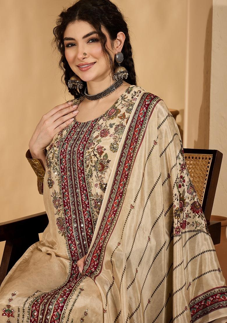 Beige Embroidery Silk Kurta Set - Indya