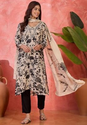 Beige Embroidery Silk Kurta Set