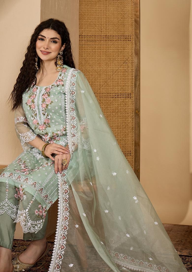 Sea Green Embroidery Organza Kurta Set - Indya