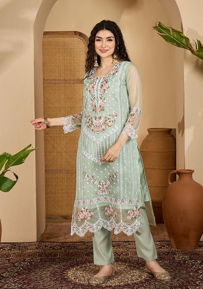 Sea Green Embroidery Organza Kurta Set - Indya