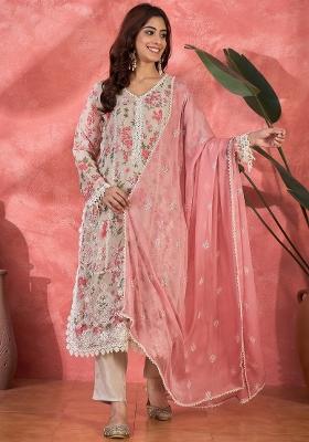 Beige Embroidery Organza Kurta Set