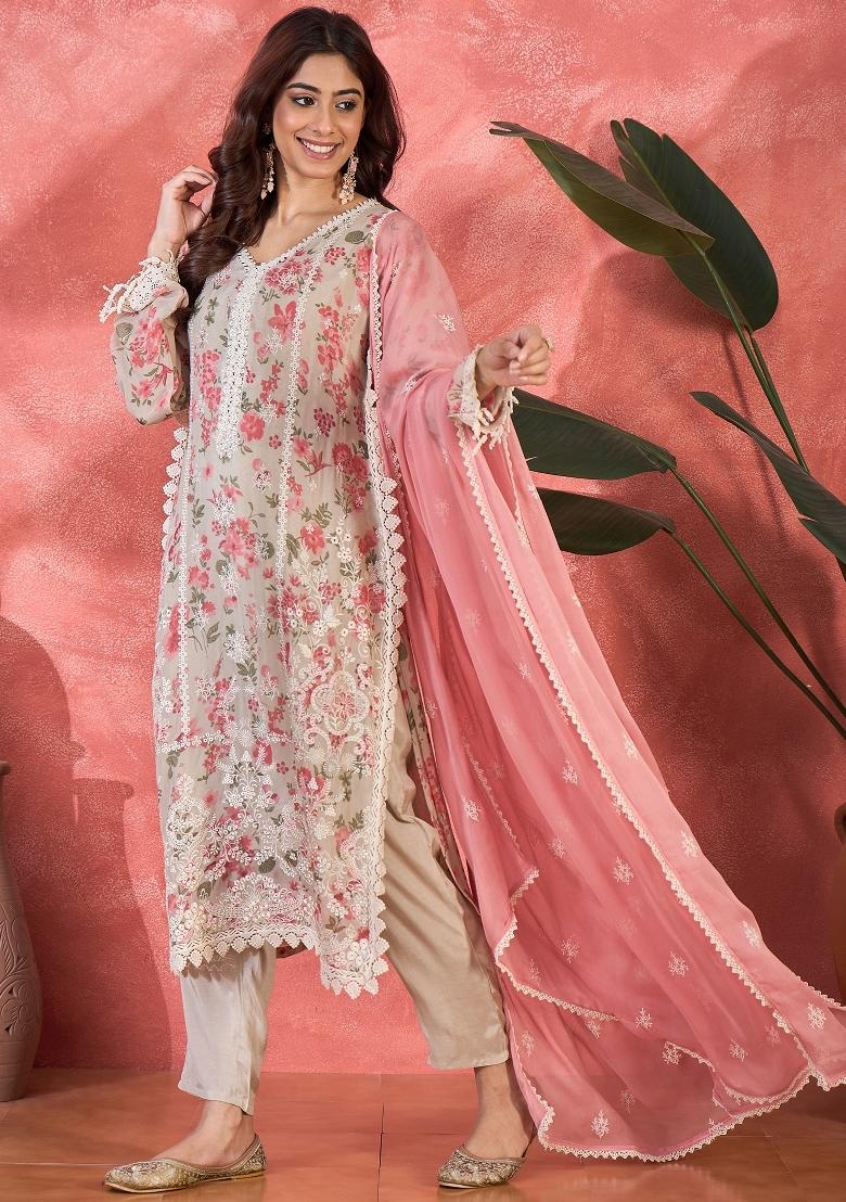 Beige Embroidery Organza Kurta Set - Indya