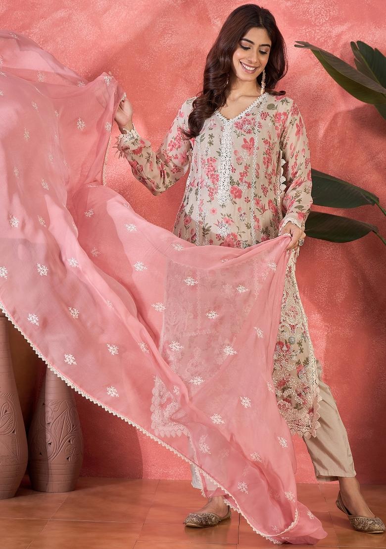 Beige Embroidery Organza Kurta Set - Indya