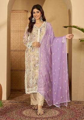 Beige Embroidery Organza Kurta Set