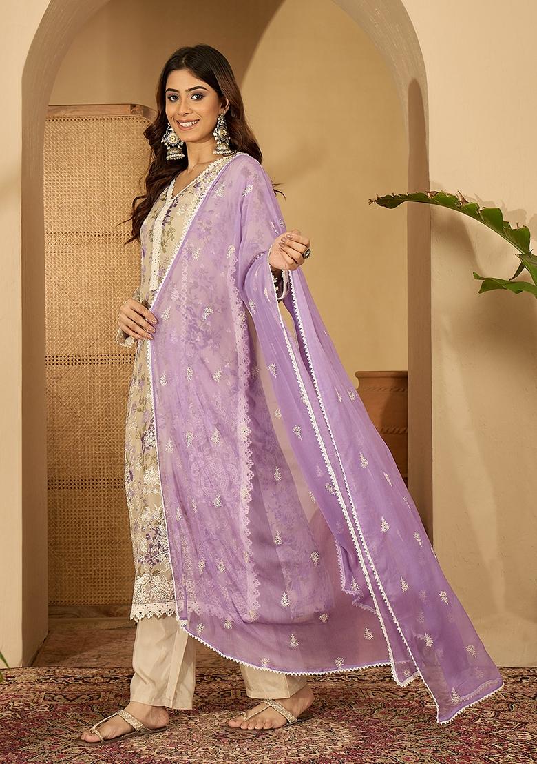 Beige Embroidery Organza Kurta Set - Indya