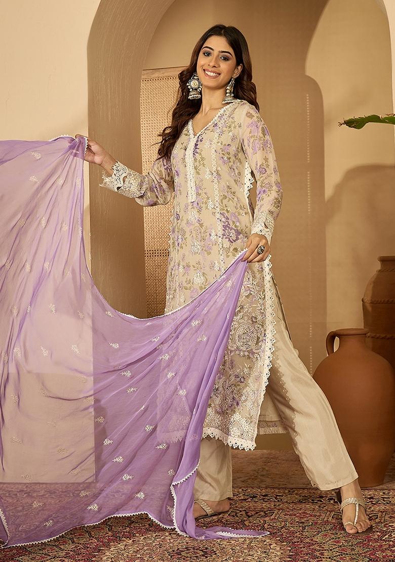 Beige Embroidery Organza Kurta Set - Indya
