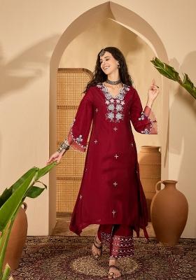 Maroon Embroidery Silk Kurta Set