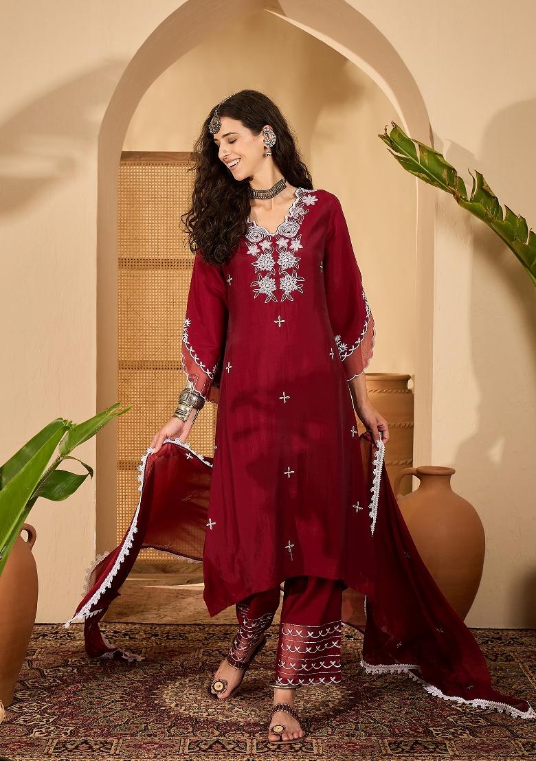 Maroon Embroidery Silk Kurta Set - Indya