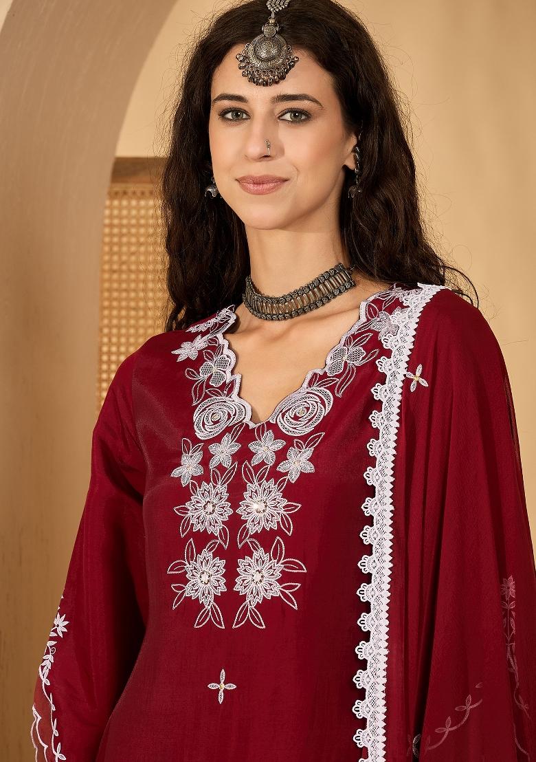 Maroon Embroidery Silk Kurta Set - Indya