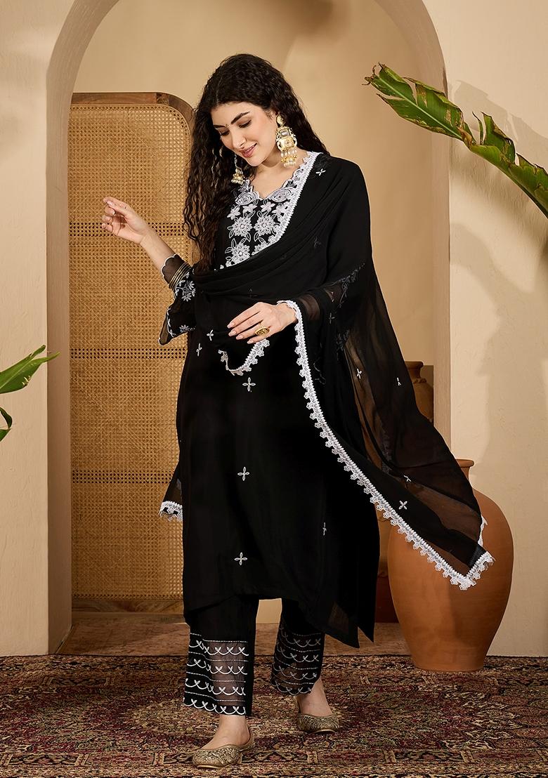 Black Embroidery Silk Kurta Set - Indya