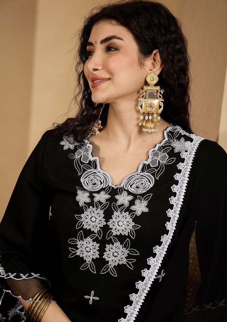 Black Embroidery Silk Kurta Set - Indya
