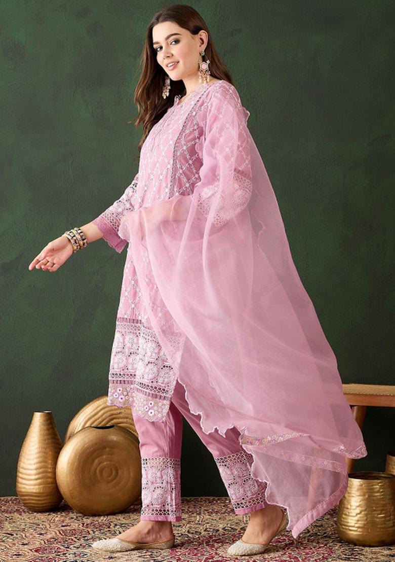 Pink Embroidery Cotton Kurta Set - Indya