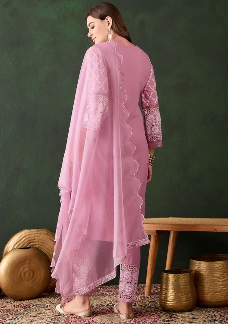 Pink Embroidery Cotton Kurta Set - Indya