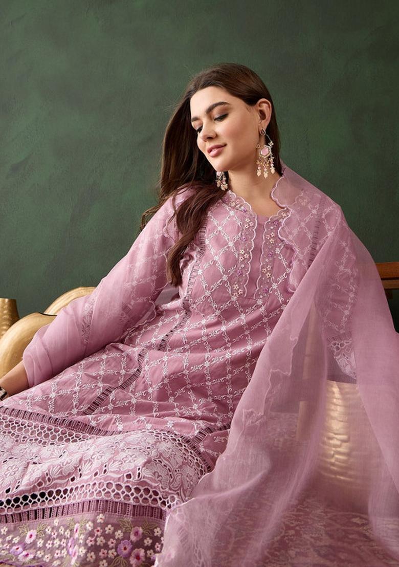 Pink Embroidery Cotton Kurta Set - Indya