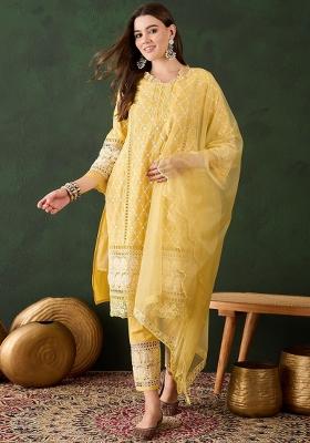 Yellow Embroidery Cotton Kurta Set