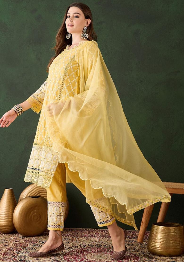 Yellow Embroidery Cotton Kurta Set - Indya