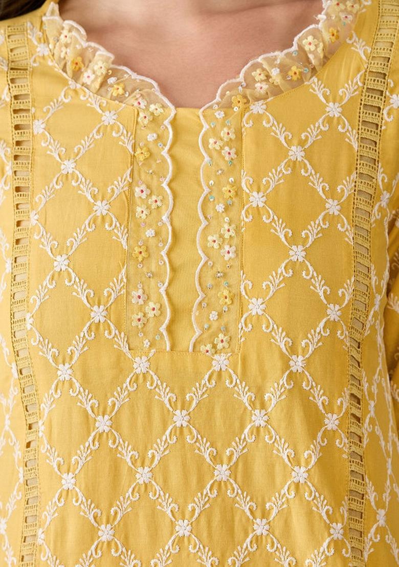 Yellow Embroidery Cotton Kurta Set - Indya