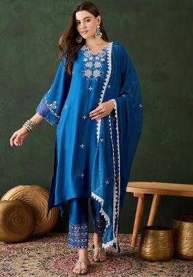 Blue Embroidery Silk Kurta Set