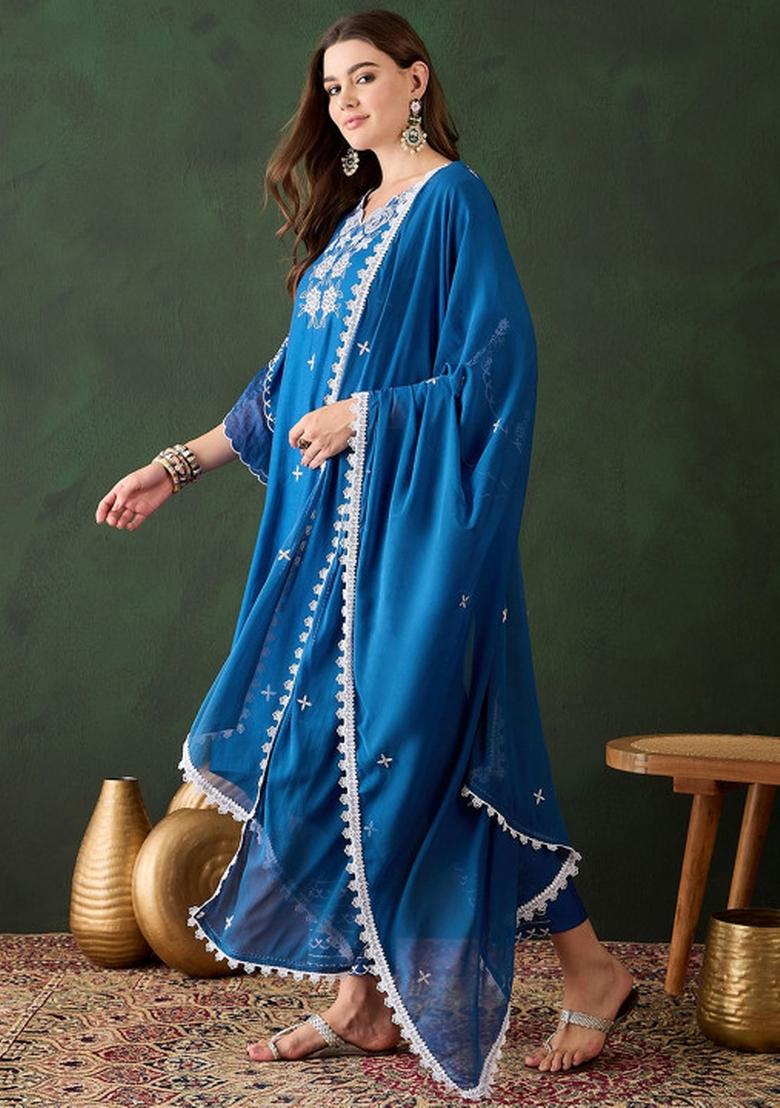 Blue Embroidery Silk Kurta Set - Indya