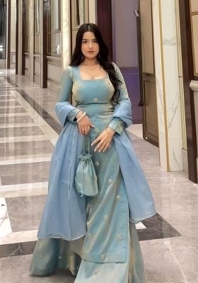 Sky Blue Embroidery Silk Kurta Set