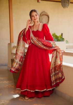 Red Embroidery Silk Kurta Set