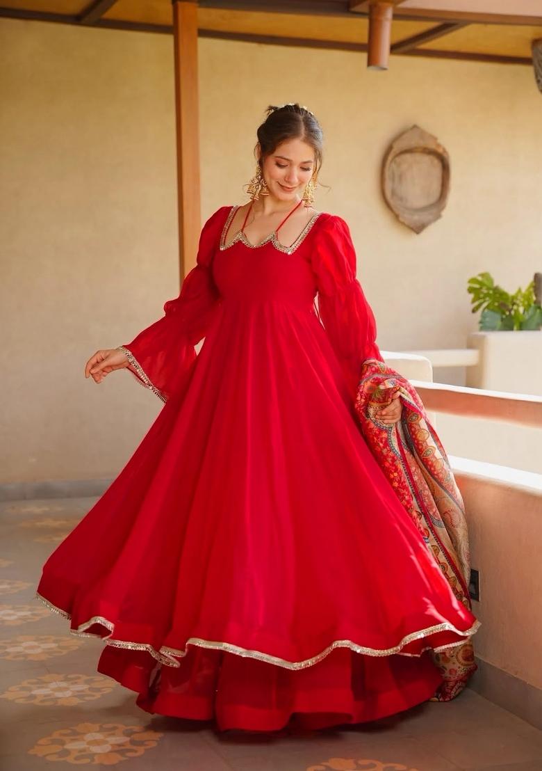Red Embroidery Silk Kurta Set - Indya