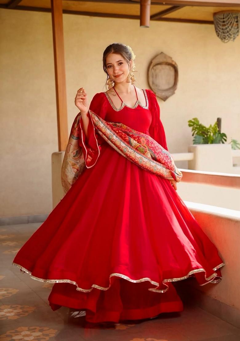 Red Embroidery Silk Kurta Set - Indya