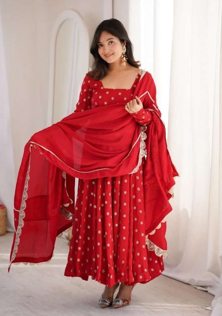 Red Embroidery Silk Kurta Set - Indya