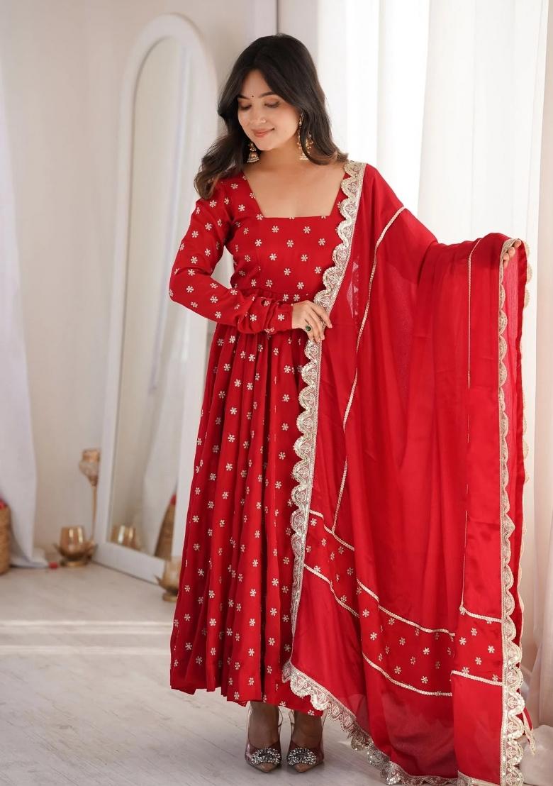 Red Embroidery Silk Kurta Set - Indya