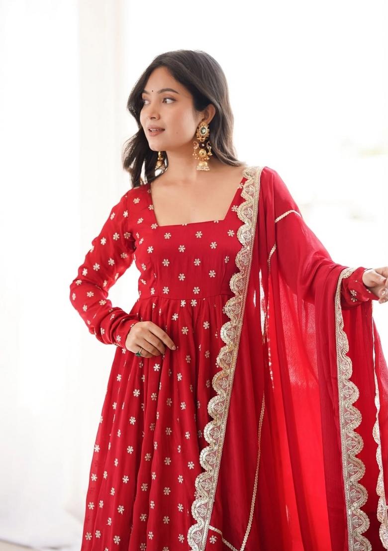 Red Embroidery Silk Kurta Set - Indya