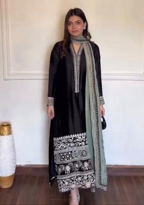 Black Embroidery Silk Kurta Set