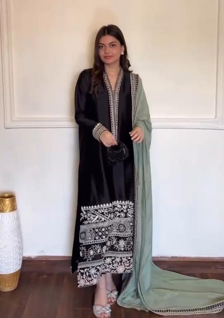 Black Embroidery Silk Kurta Set - Indya
