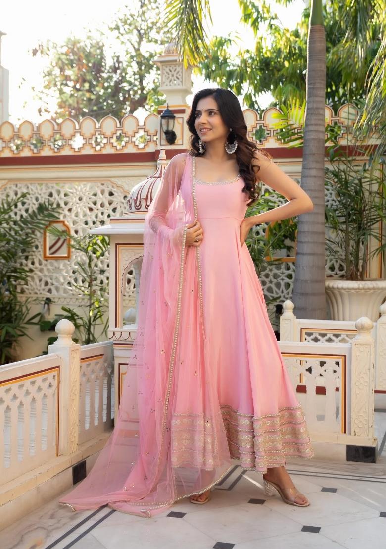 Pink Embroidery Crepe Kurta Set - Indya