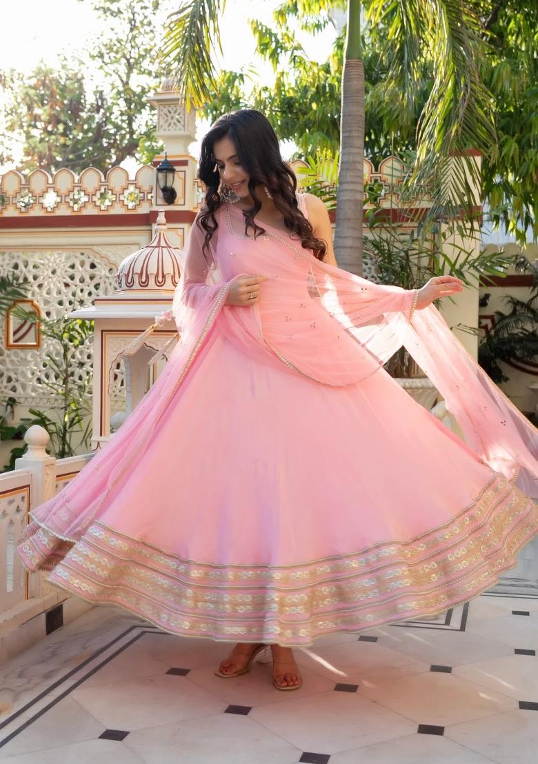 Pink Embroidery Crepe Kurta Set - Indya