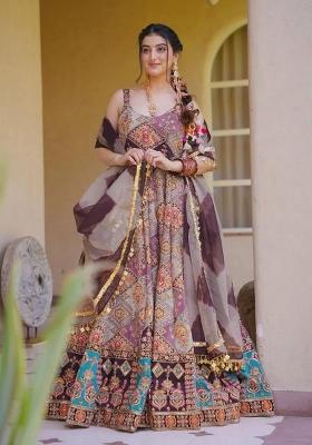 Multicolor Printed Organza Gown With Dupatta