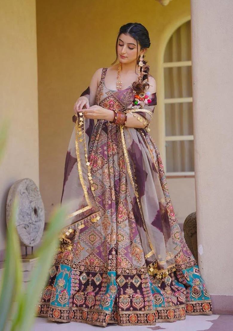 Multicolor Printed Organza Gown With Dupatta - Indya