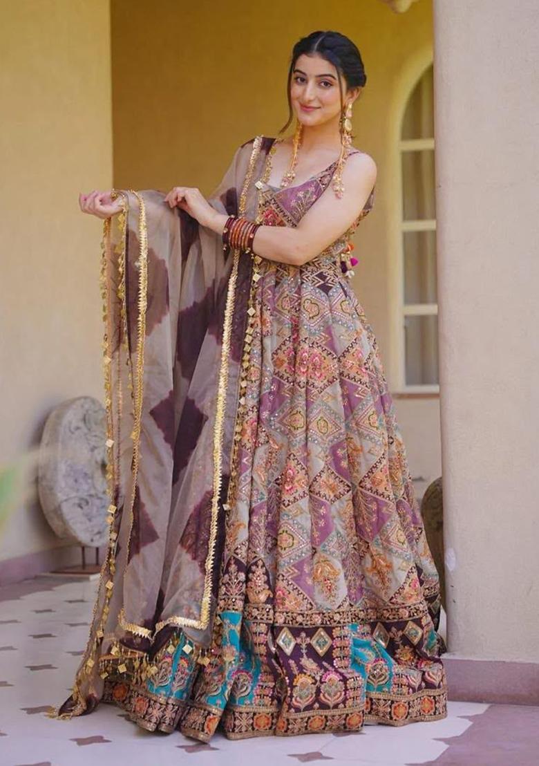 Multicolor Printed Organza Gown With Dupatta - Indya