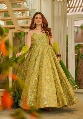 Green Printed Organza Anarkali With Dupatta
