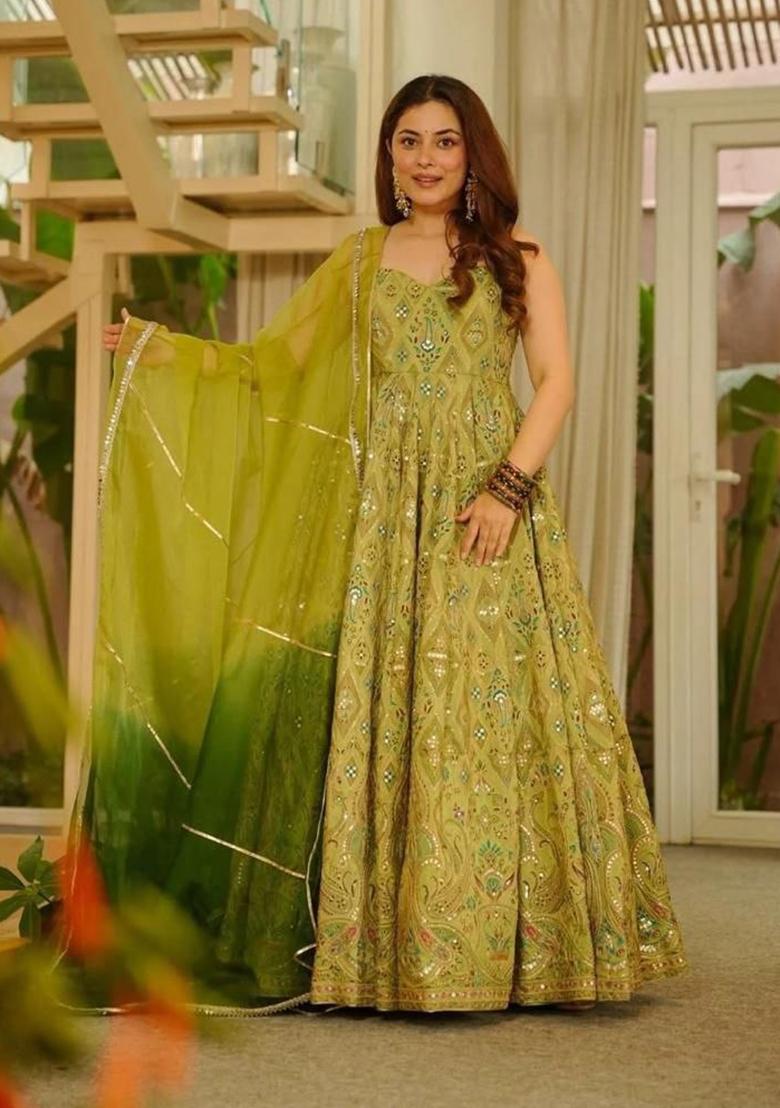 Green Printed Organza Anarkali With Dupatta - Indya