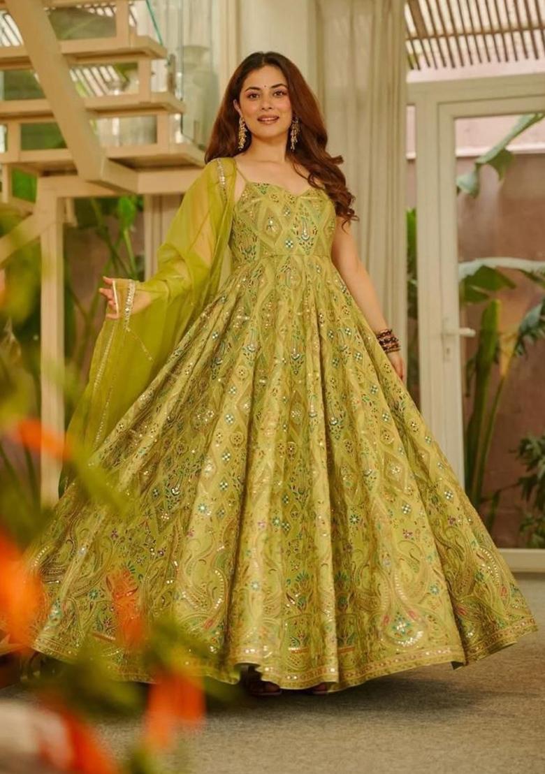 Green Printed Organza Anarkali With Dupatta - Indya