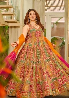 Peach Printed Organza Anarkali With Dupatta