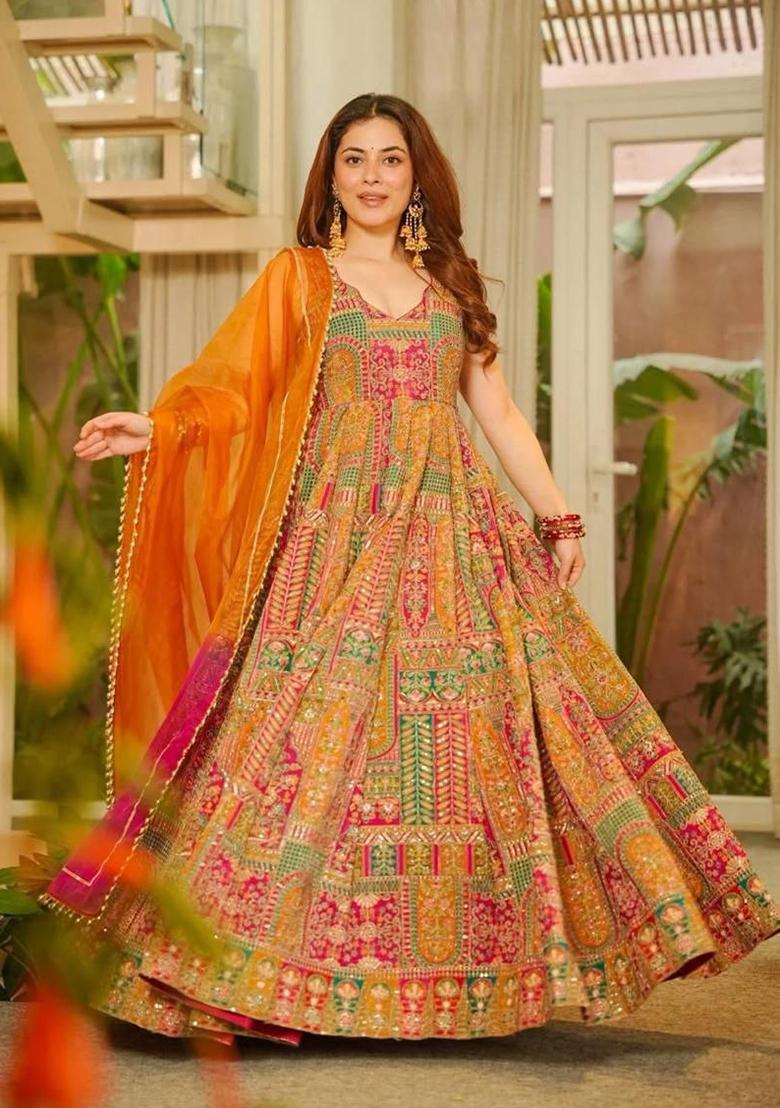 Peach Printed Organza Anarkali With Dupatta - Indya
